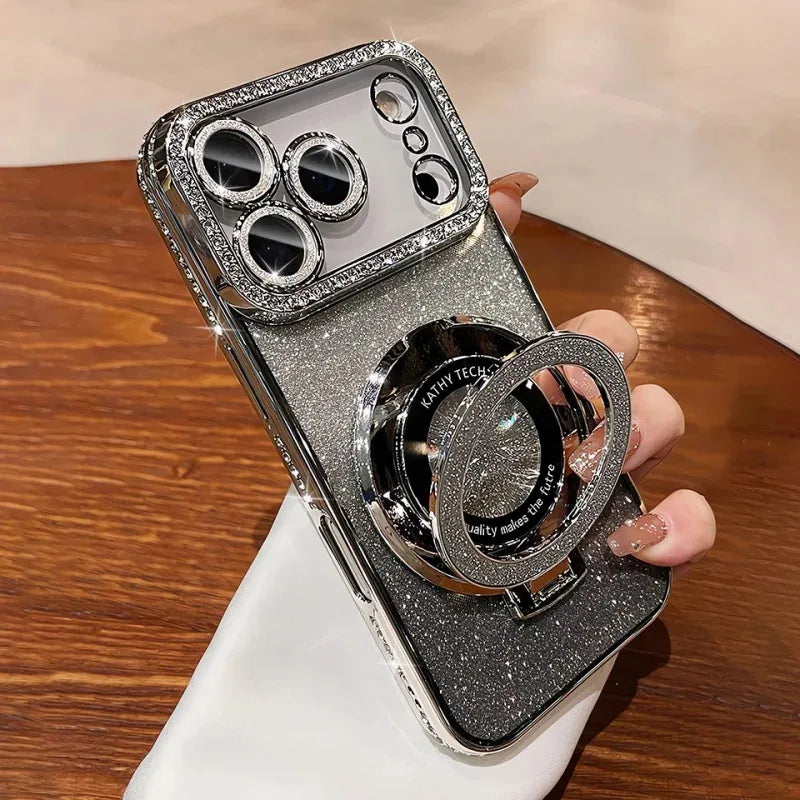 Diamond Glitter Magnetic iPhone Case — Transparent Plating with Lens Protection & Kickstand