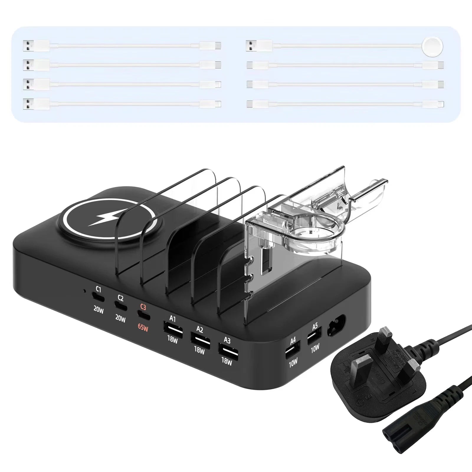 9-in-1 Multifunctional Charging Station — Wireless + USB-C + USB-A for Phones, Watches & Earbuds