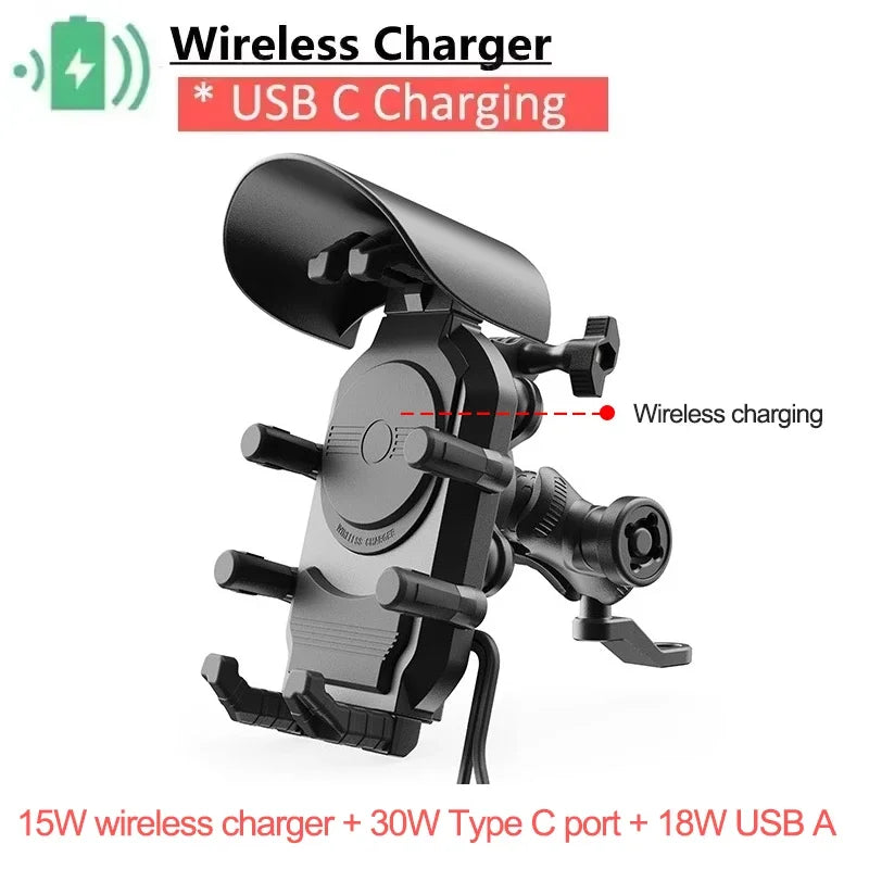 Motorcycle & Bike Phone Mount — 15W Wireless + 30W USB-C Fast Charging, 360° Rotation
