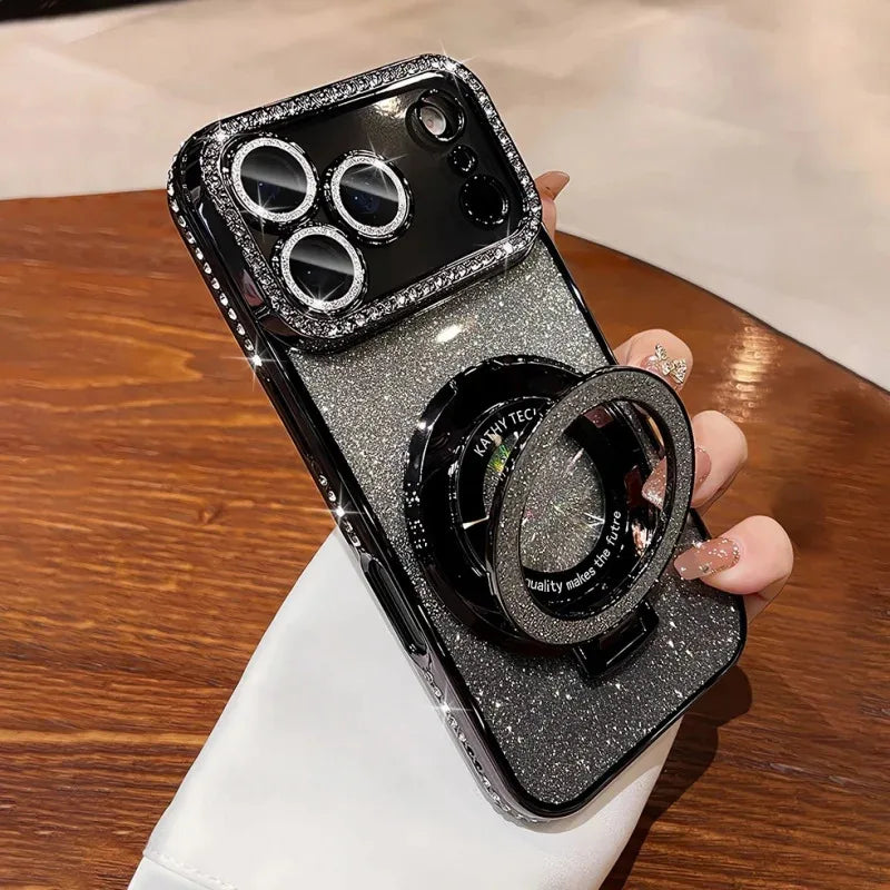 Diamond Glitter Magnetic iPhone Case — Transparent Plating with Lens Protection & Kickstand