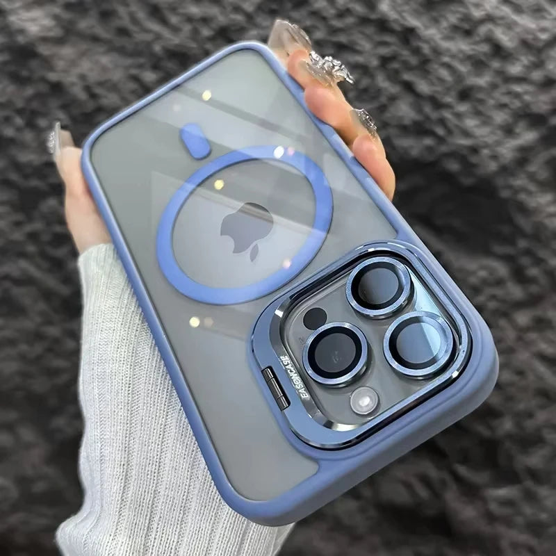 Magnetic Shockproof Phone Case with Glass Lens Protection & Stand – iPhone 11 to 17 Series