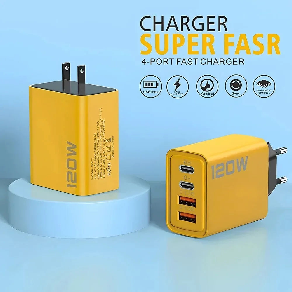 120W 4-Port USB-C Fast Charger | USB-C & USB-A | US, EU & UK Plug