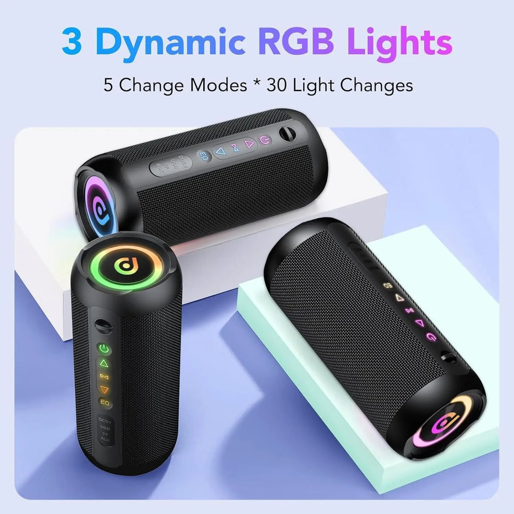 30W Portable Bluetooth Speaker – Deep Bass, RGB Lights, IPX7 Waterproof, 30H Playtime