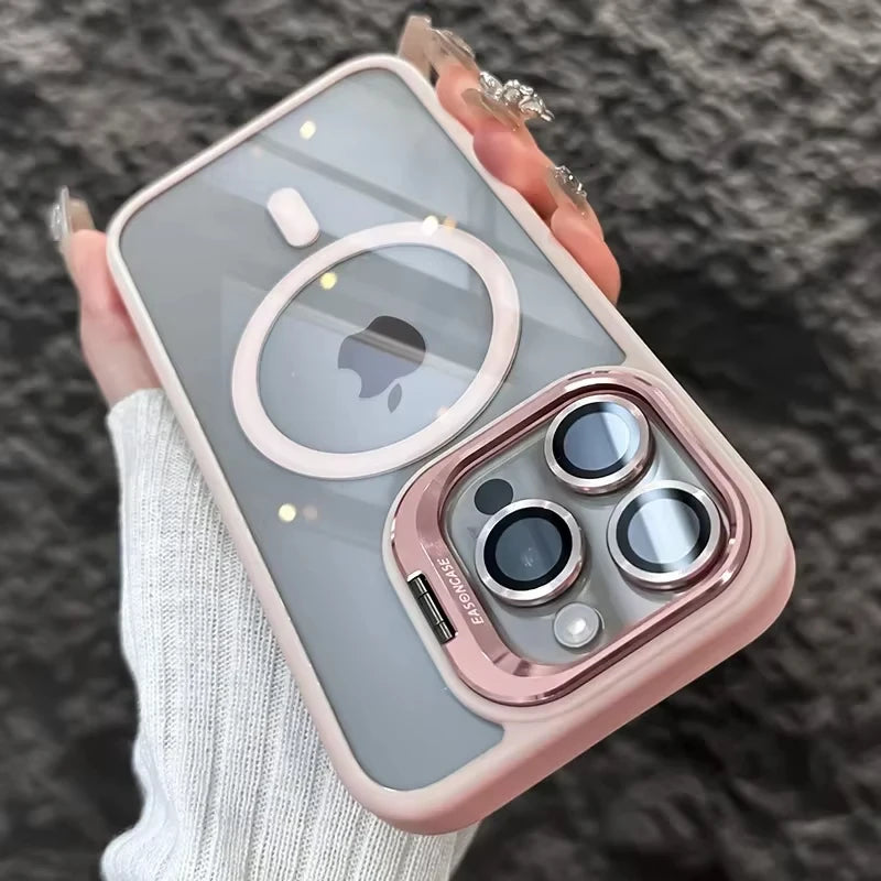 Magnetic Shockproof Phone Case with Glass Lens Protection & Stand – iPhone 11 to 17 Series