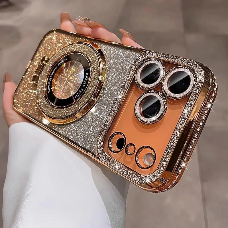 Diamond Glitter Magnetic iPhone Case — Transparent Plating with Lens Protection & Kickstand