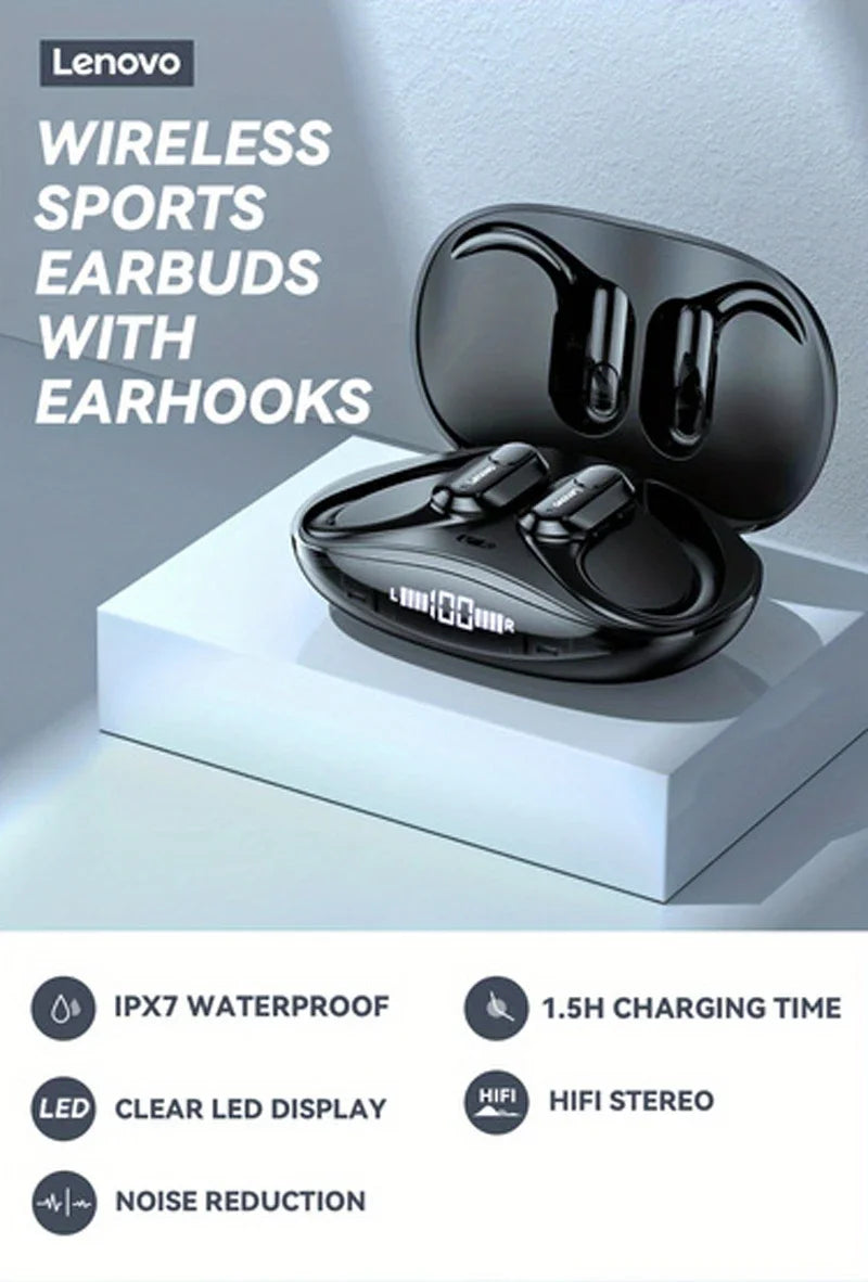 Lenovo XT80 Bluetooth 5.3 Sport Earphones – TWS Earhook, ANC, LED Display, Waterproof