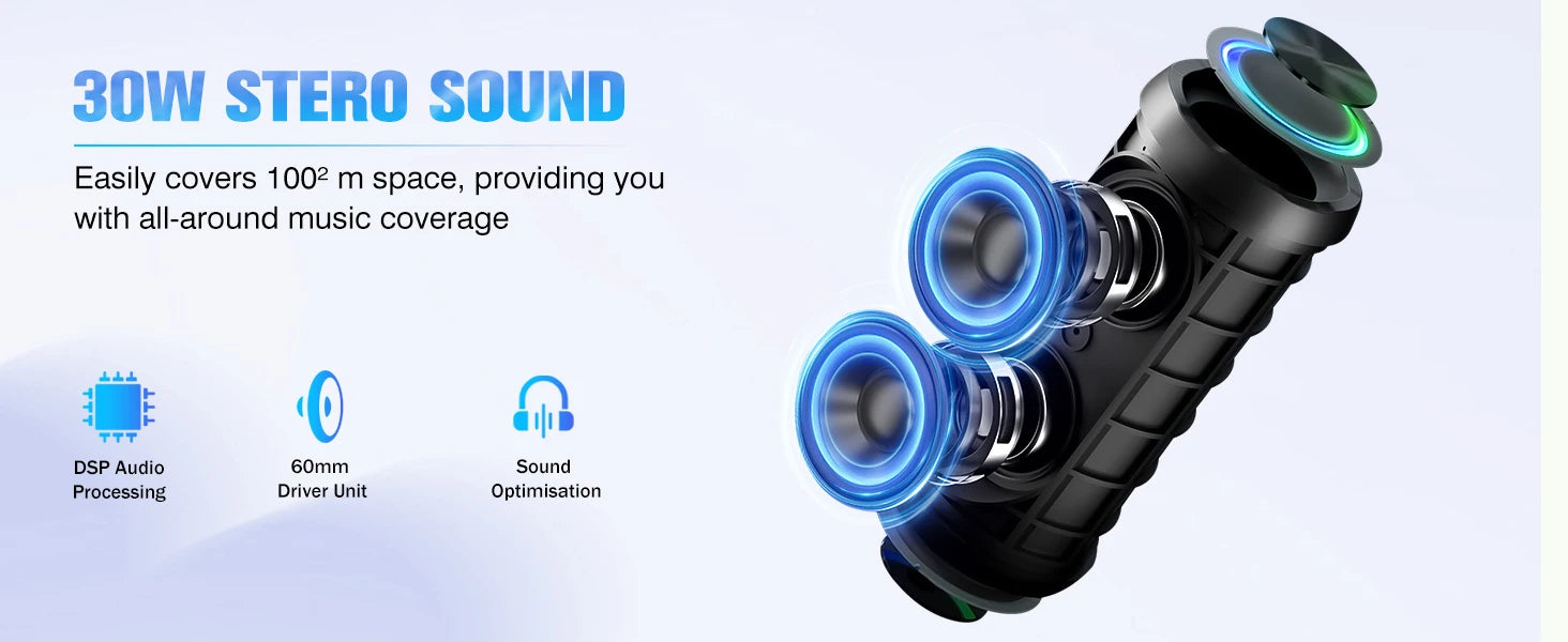 30W Portable Bluetooth Speaker – Deep Bass, RGB Lights, IPX7 Waterproof, 30H Playtime