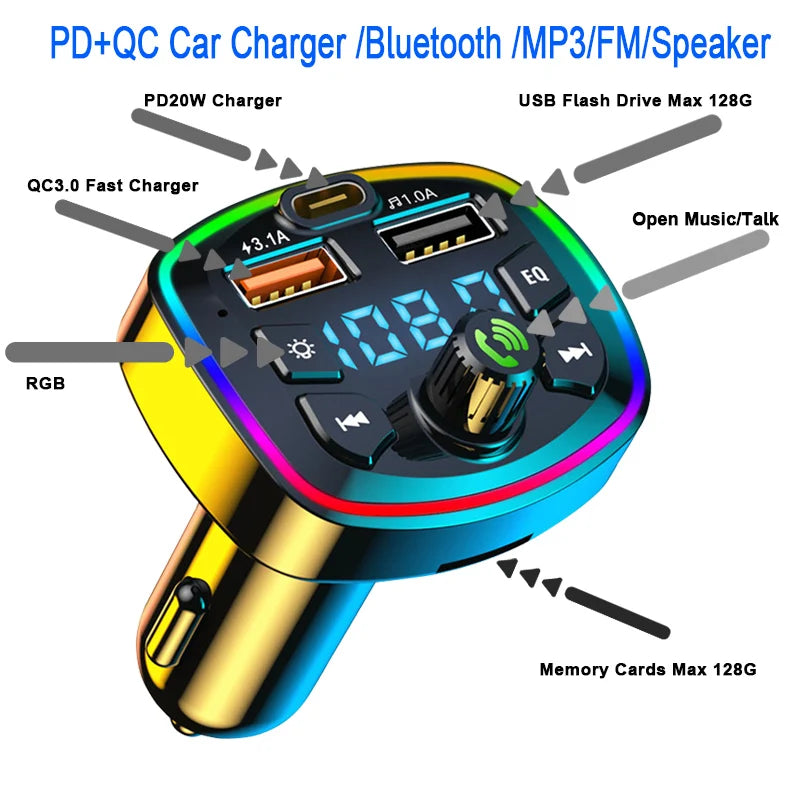 Car Bluetooth 5.0 FM Transmitter | Dual USB Fast Charger & Hands-Free Kit
