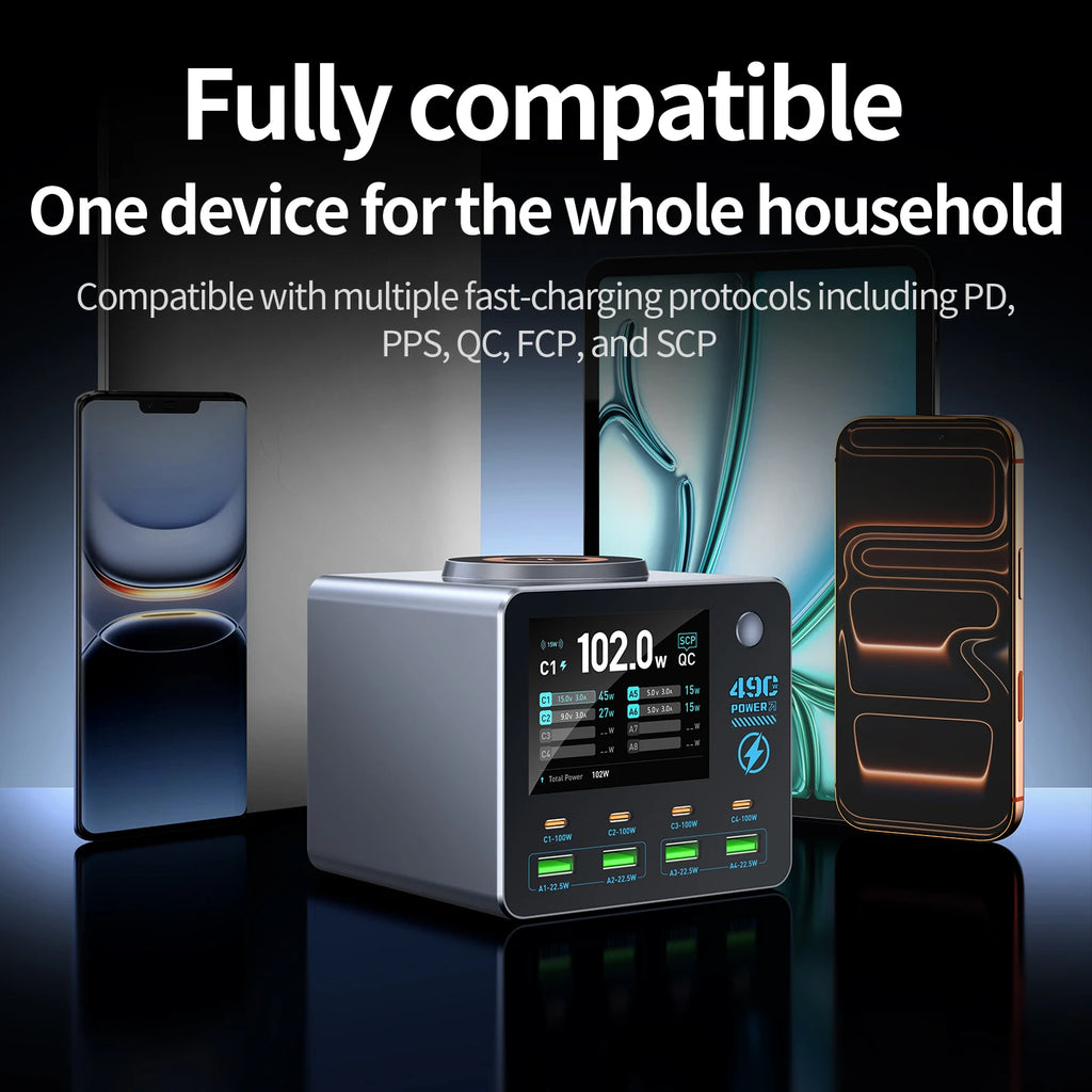 140W Smart Digital Charging Station — 8 Ports, Wireless & GaN Technology