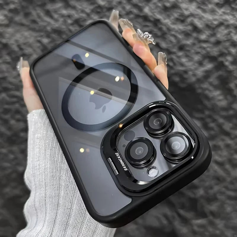 Magnetic Shockproof Phone Case with Glass Lens Protection & Stand – iPhone 11 to 17 Series