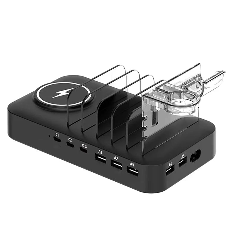 9-in-1 Multifunctional Charging Station — Wireless + USB-C + USB-A for Phones, Watches & Earbuds
