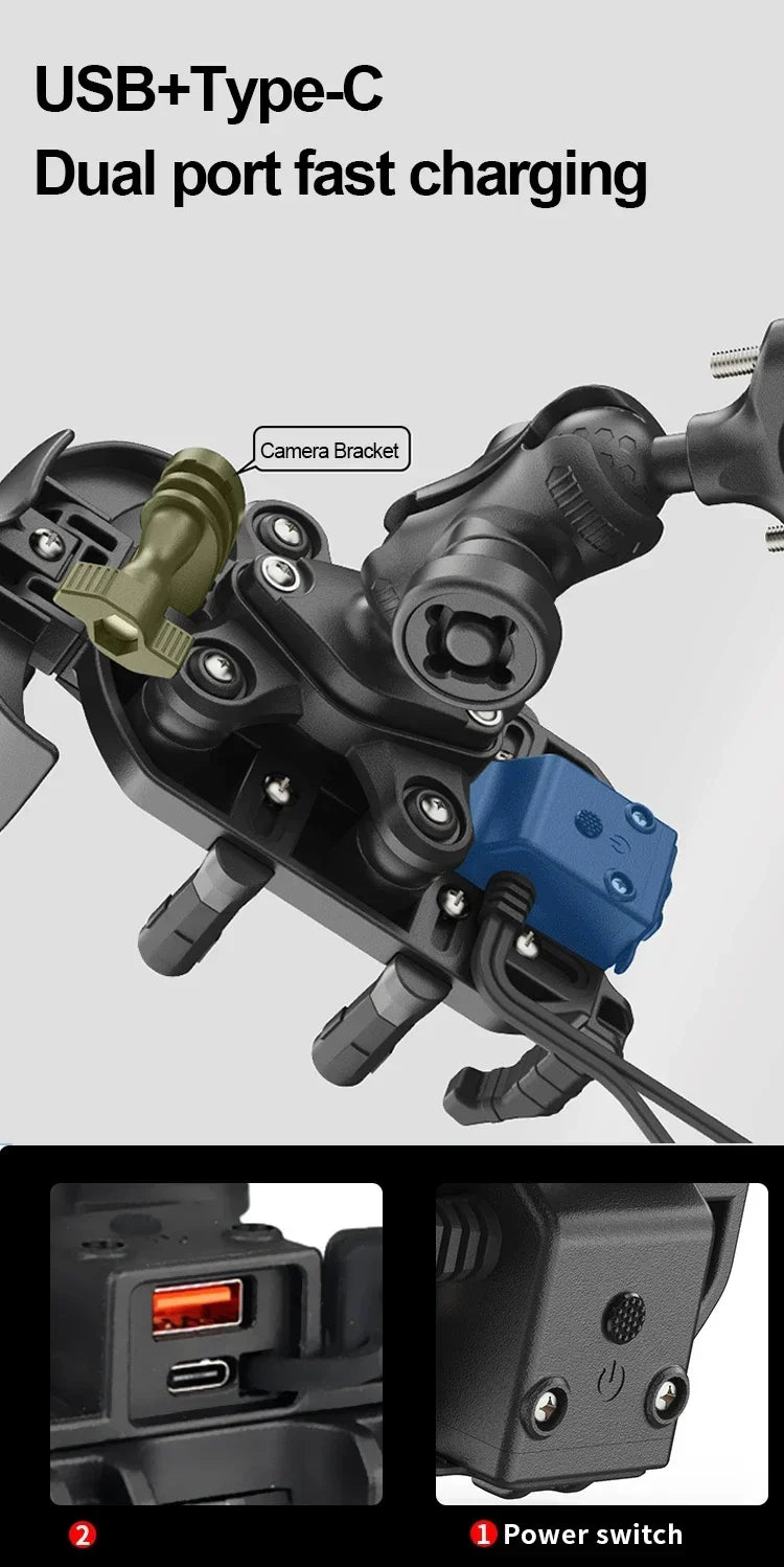 Motorcycle & Bike Phone Mount — 15W Wireless + 30W USB-C Fast Charging, 360° Rotation