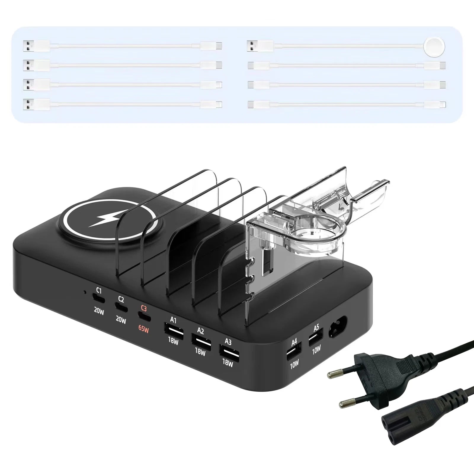 9-in-1 Multifunctional Charging Station — Wireless + USB-C + USB-A for Phones, Watches & Earbuds