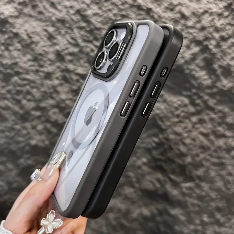 Magnetic Shockproof Phone Case with Glass Lens Protection & Stand – iPhone 11 to 17 Series