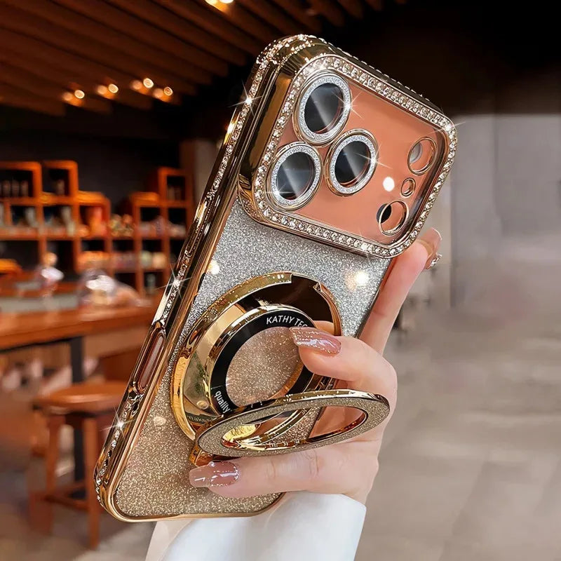 Diamond Glitter Magnetic iPhone Case — Transparent Plating with Lens Protection & Kickstand