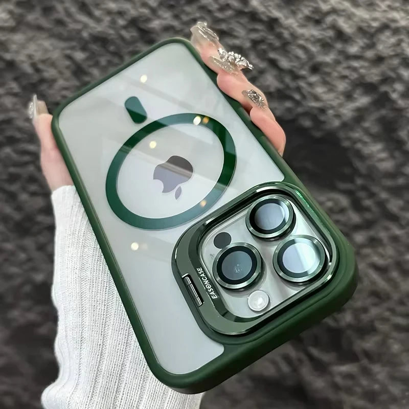 Magnetic Shockproof Phone Case with Glass Lens Protection & Stand – iPhone 11 to 17 Series
