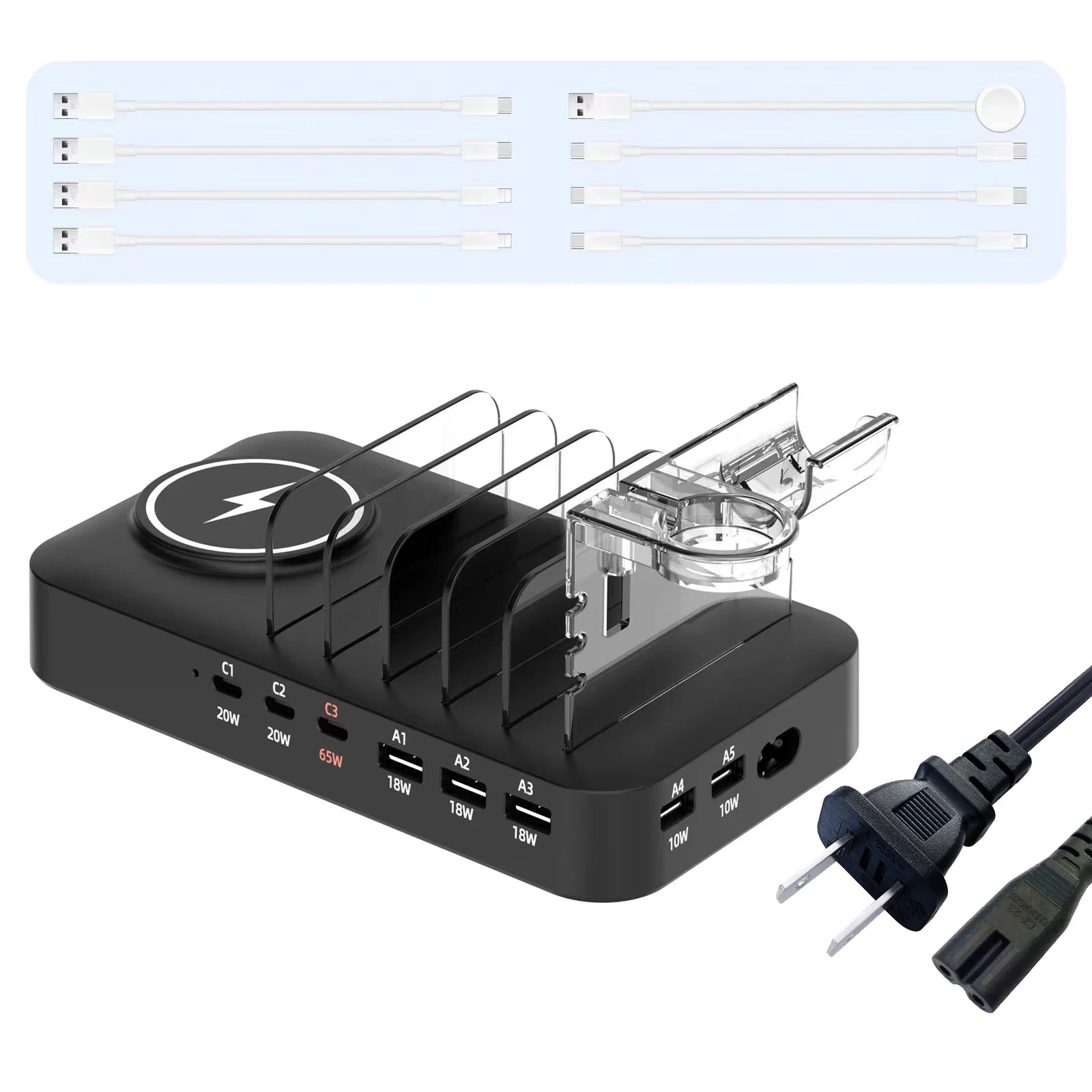9-in-1 Multifunctional Charging Station — Wireless + USB-C + USB-A for Phones, Watches & Earbuds
