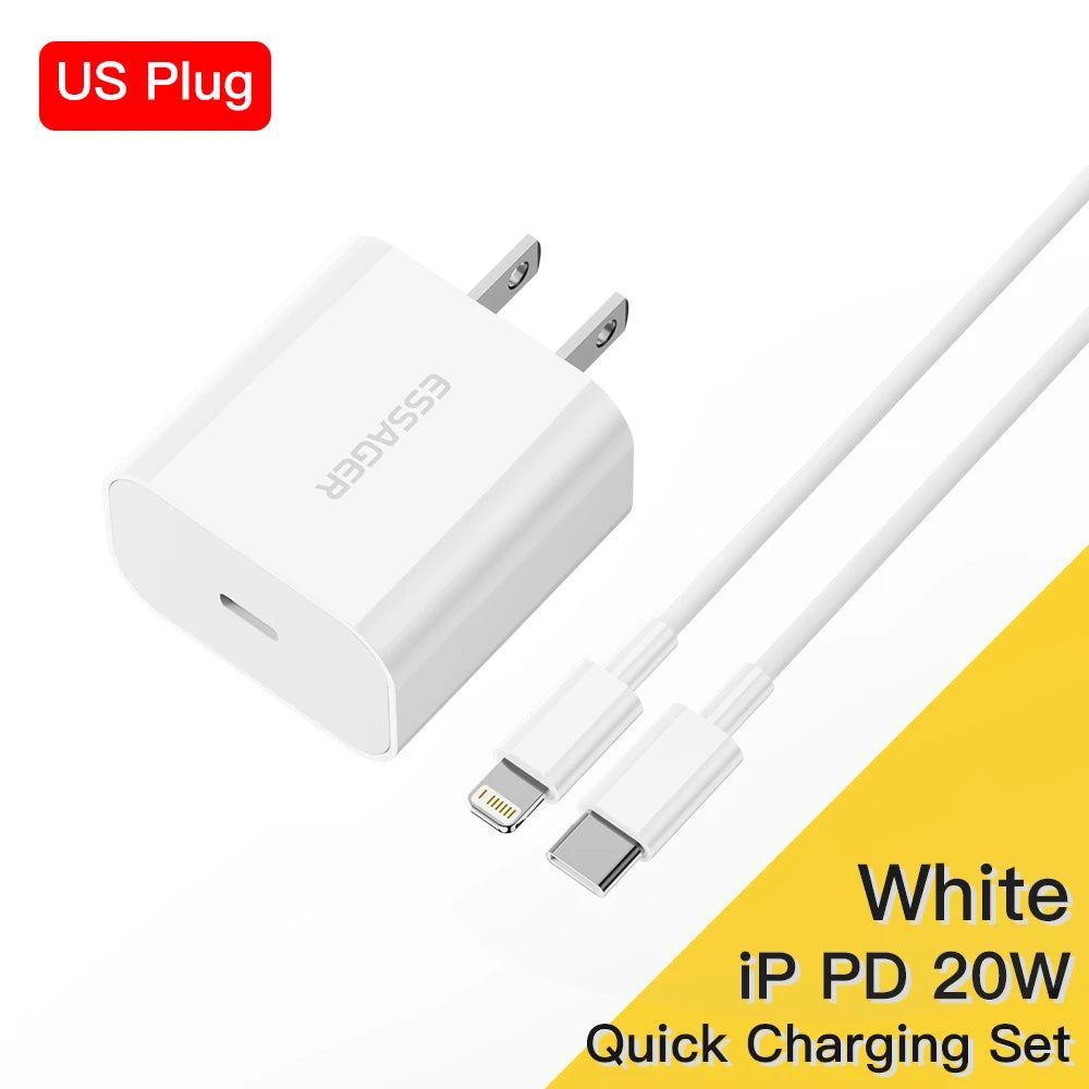 20W USB-C Fast Charger + Lightning Cable Kit | iPhone 14/13/12 | US & EU Plug