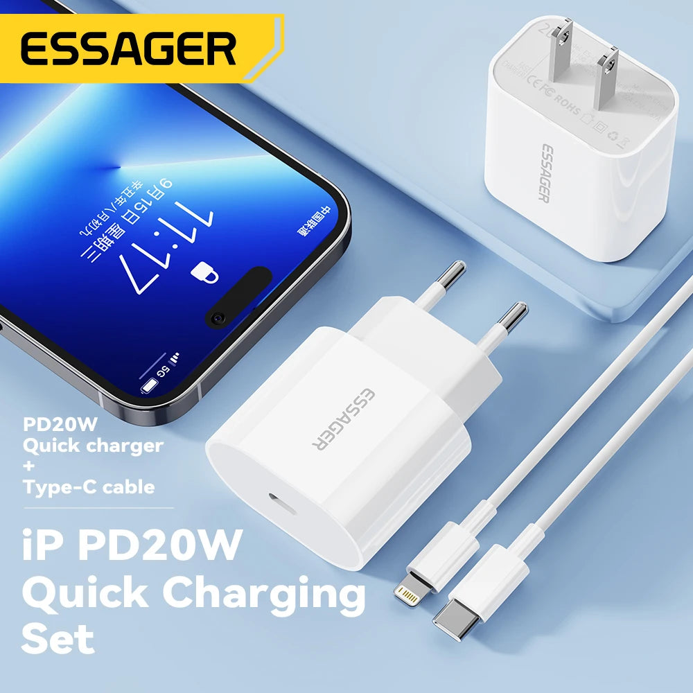 20W USB-C Fast Charger + Lightning Cable Kit | iPhone 14/13/12 | US & EU Plug