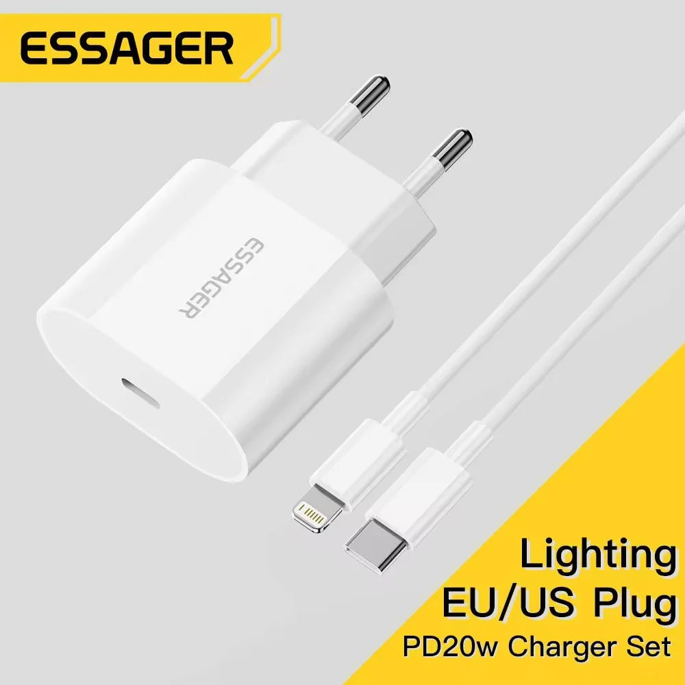 20W USB-C Fast Charger + Lightning Cable Kit | iPhone 14/13/12 | US & EU Plug