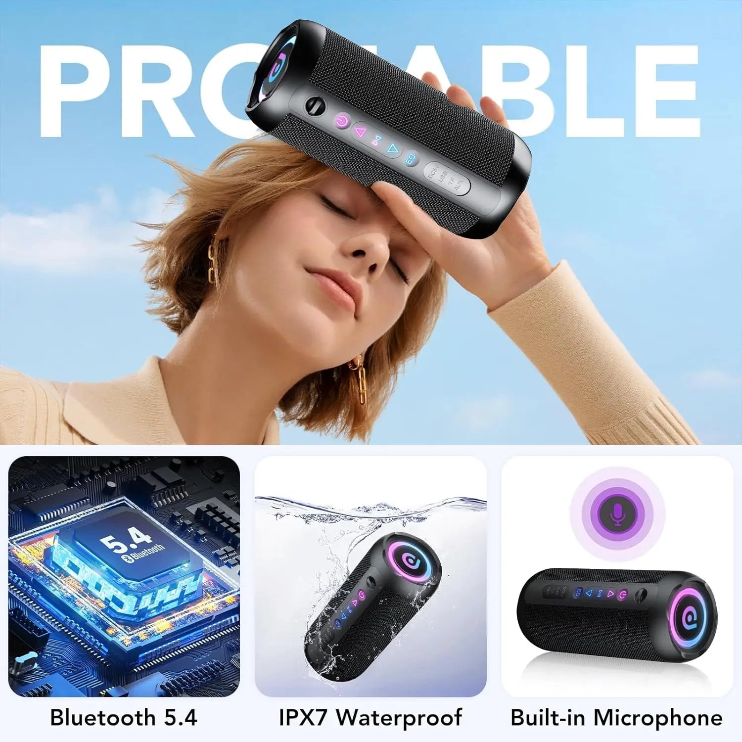 30W Portable Bluetooth Speaker – Deep Bass, RGB Lights, IPX7 Waterproof, 30H Playtime