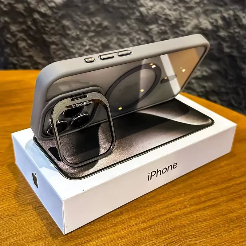 Magnetic Shockproof Phone Case with Glass Lens Protection & Stand – iPhone 11 to 17 Series