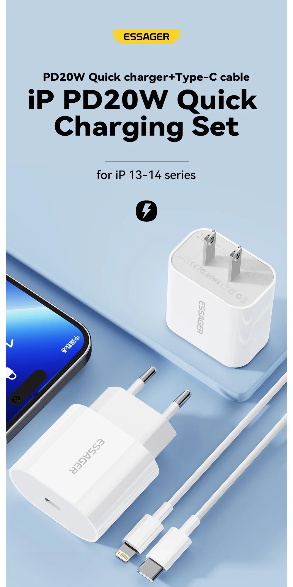 20W USB-C Fast Charger + Lightning Cable Kit | iPhone 14/13/12 | US & EU Plug