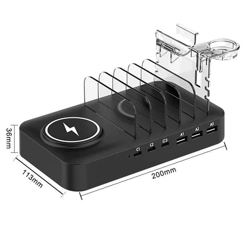 9-in-1 Multifunctional Charging Station — Wireless + USB-C + USB-A for Phones, Watches & Earbuds