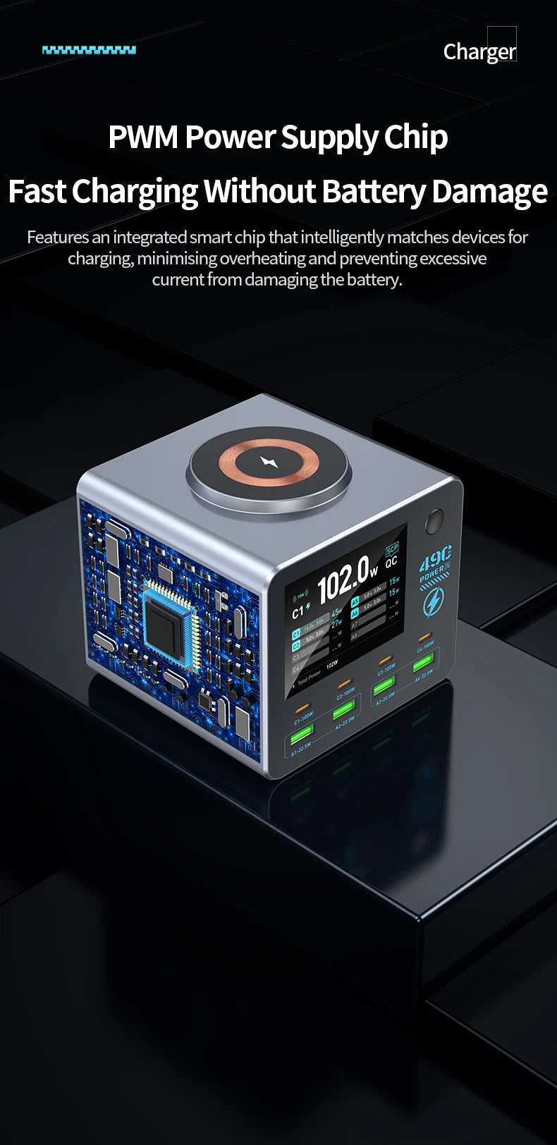 140W Smart Digital Charging Station — 8 Ports, Wireless & GaN Technology