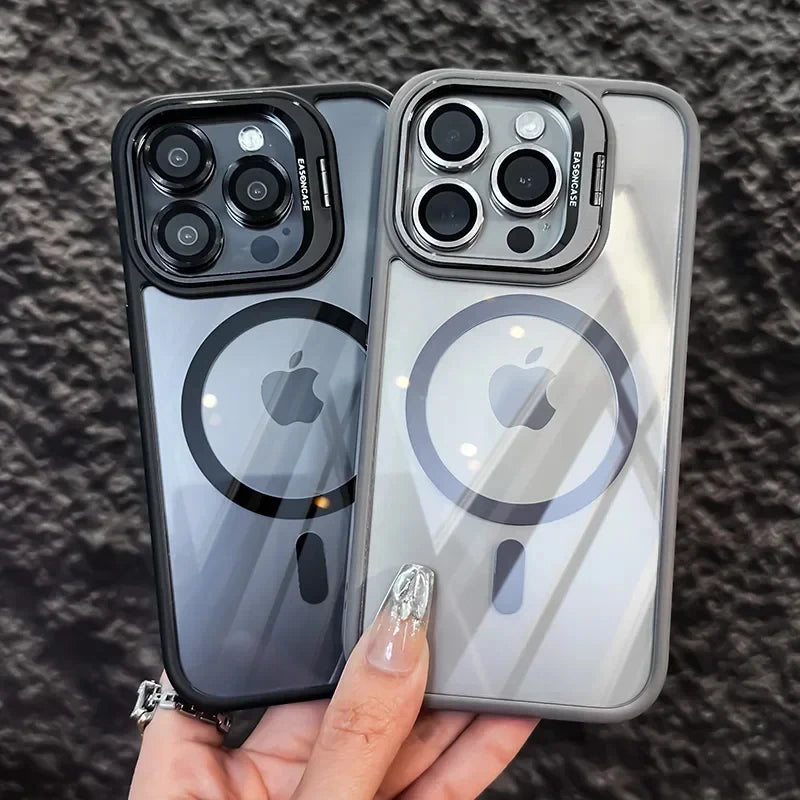 Magnetic Shockproof Phone Case with Glass Lens Protection & Stand – iPhone 11 to 17 Series