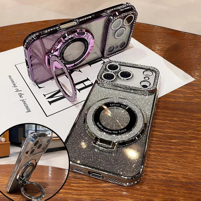 Diamond Glitter Magnetic iPhone Case — Transparent Plating with Lens Protection & Kickstand