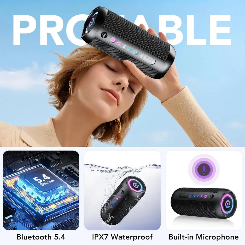 30W Portable Bluetooth Speaker – Deep Bass, RGB Lights, IPX7 Waterproof, 30H Playtime