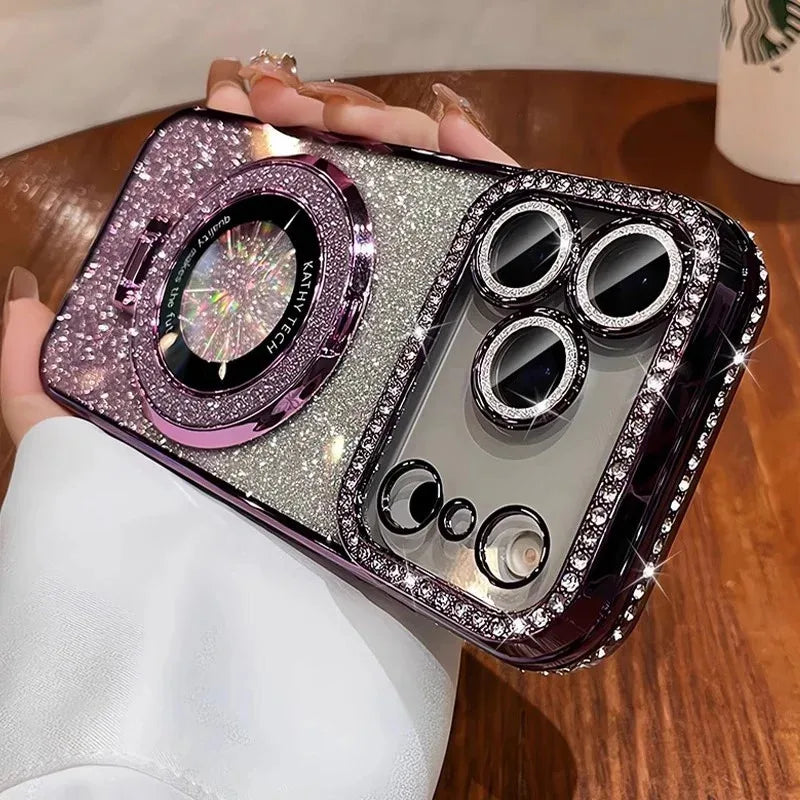 Diamond Glitter Magnetic iPhone Case — Transparent Plating with Lens Protection & Kickstand