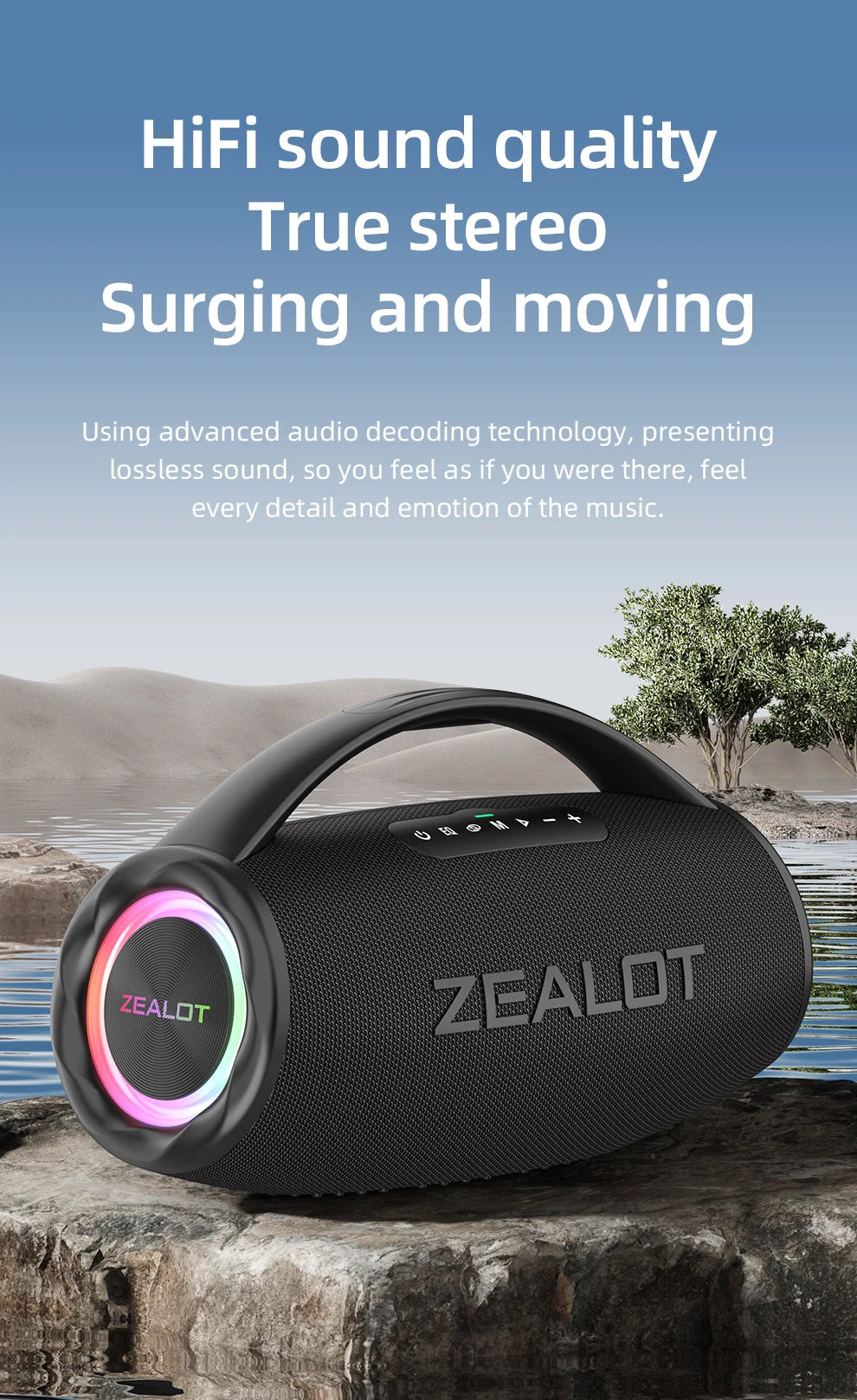 ZEALOT S97 80W Bluetooth Party Speaker — 16,000mAh, IPX6 Waterproof, RGB Lights & 360° Stereo