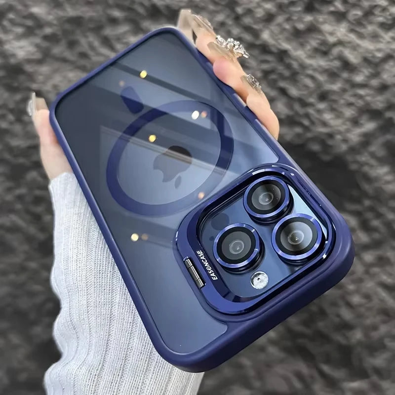 Magnetic Shockproof Phone Case with Glass Lens Protection & Stand – iPhone 11 to 17 Series